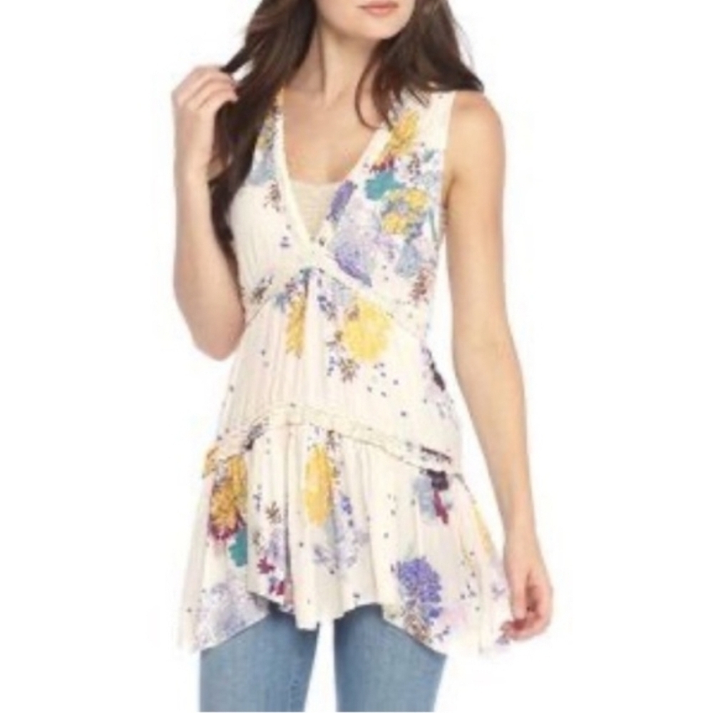Free People Floral Cream Sleeveless Tiered Tunic Blouse Top Size XS Boho